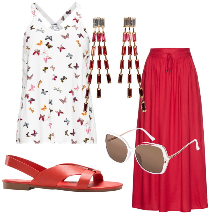 Outfit donna - Total look #1873447. Abbinamento con gonne lunghe, top, orecchini, sandali, occhiali da sole.