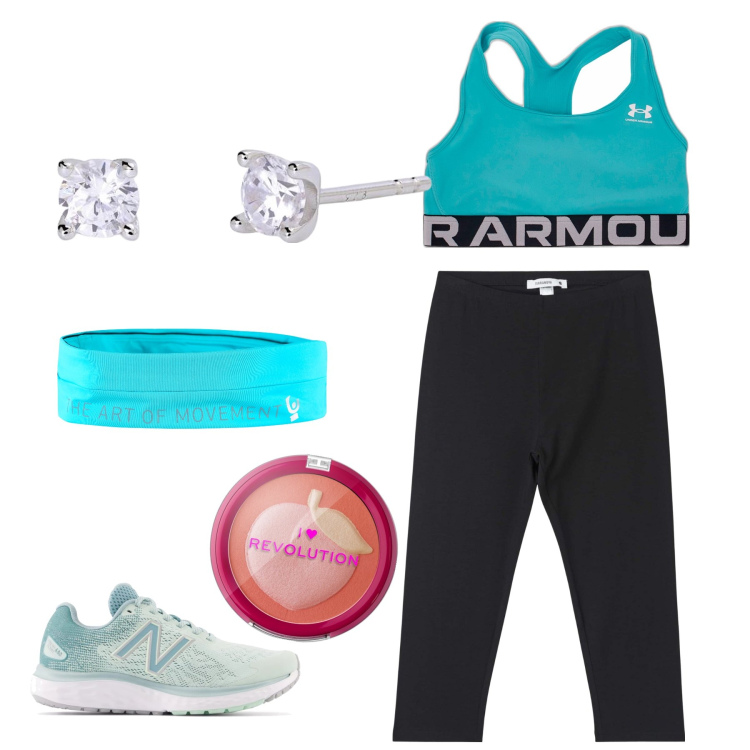 Outfit donna - Remise en forme di classe. Stile Casual chic per Sport. Abbinamento con blush, leggings, orecchini, sneakers, marsupi, top.