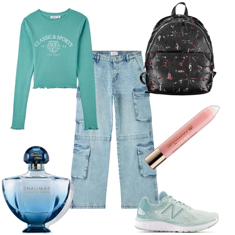 Outfit donna - Scuola. Stile Basic per Scuola/Università. Abbinamento con profumi, gloss, jeans, t-shirt, sneakers, zaini.