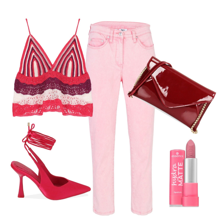 Outfit donna - Pazzesca. Stile Glamour per Serata fuori. Abbinamento con pantaloni, rossetti, top, pochette, décolleté.
