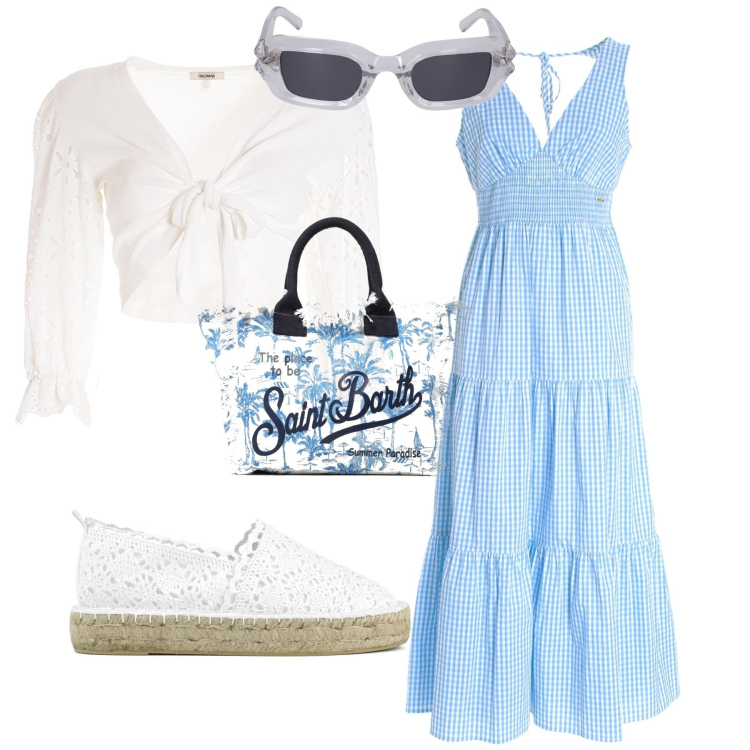 Outfit donna - Romantica a passeggio sul lungomare. Stile Romantica per Mare. Abbinamento con vestiti lunghi, cardigans, espadrillas, borse tote, occhiali da sole.