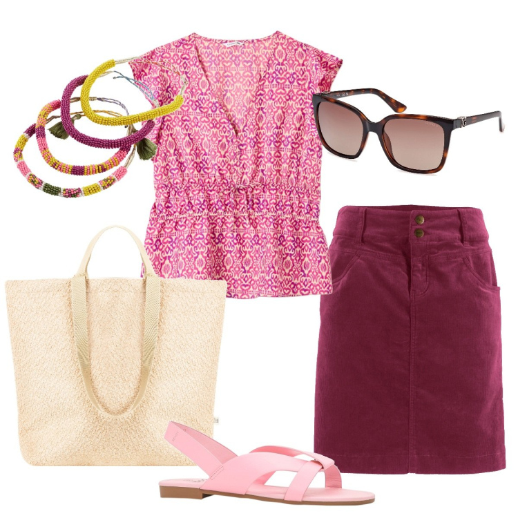 Outfit donna - Rosa e bordeaux. Stile Basic per Tutti i giorni. Abbinamento con gonne lunghe, sandali, braccialetti, bluse, borse tote, occhiali da sole.