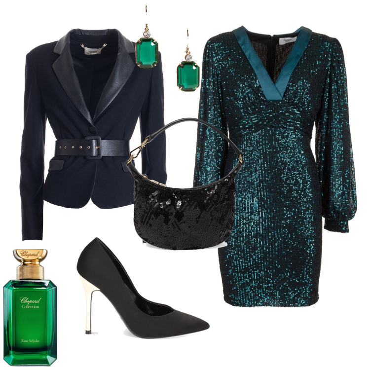 Outfit donna - Glamour serata evento. Stile Glamour per Serata fuori. Abbinamento con profumi, blazer, vestiti, décolleté, orecchini, pochette.