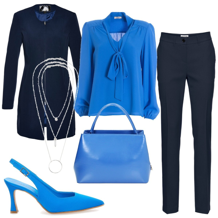 Outfit donna - Total look #1873517. Stile Chic per Ufficio. Abbinamento con pantaloni, ciondoli, blazer, bluse, borse a mano, décolleté.