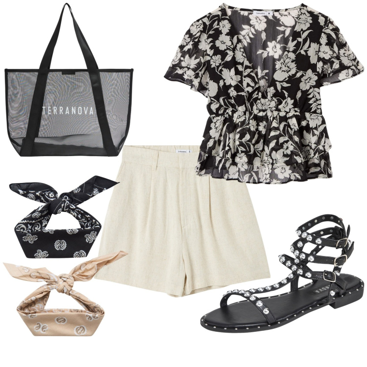 Outfit donna - Sul lungomare. Stile Glamour per Tutti i giorni. Abbinamento con bermuda, bluse, sandali, fasce per capelli, shopping bag.