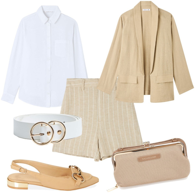 Outfit donna - Total look #1873525. Stile Casual chic per Cerimonia. Abbinamento con bermuda, blazer, cinture, camicie, ballerine, pochette.