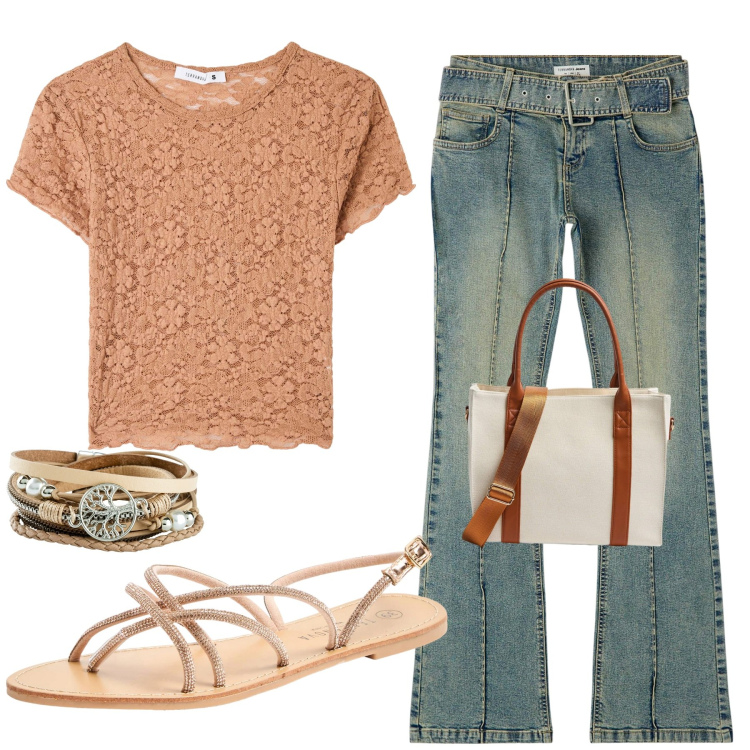 Outfit donna - Aperitivo casual. Abbinamento con braccialetti, jeans a zampa, t-shirt, sandali, shopping bag.