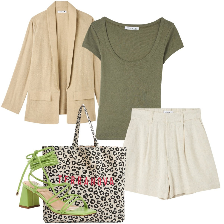 Outfit donna - Terranova speciale lino. Stile Bon Ton per Tutti i giorni. Abbinamento con t-shirt, bermuda, blazer, shopping bag, sandali alla schiava.