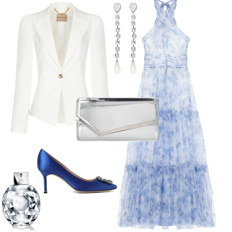 Outfit donna - Bon ton romantica cerimonia evento. Stile Romantica per Cerimonia. Abbinamento con profumi, blazer, vestiti lunghi, décolleté, pochette, orecchini.