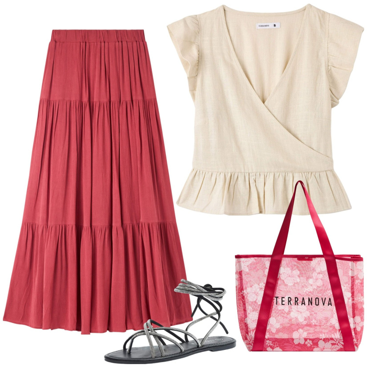 Outfit donna - Moda Terranova. Stile Basic per Tutti i giorni. Abbinamento con shopping bag, sandali alla schiava, bluse, gonne lunghe.