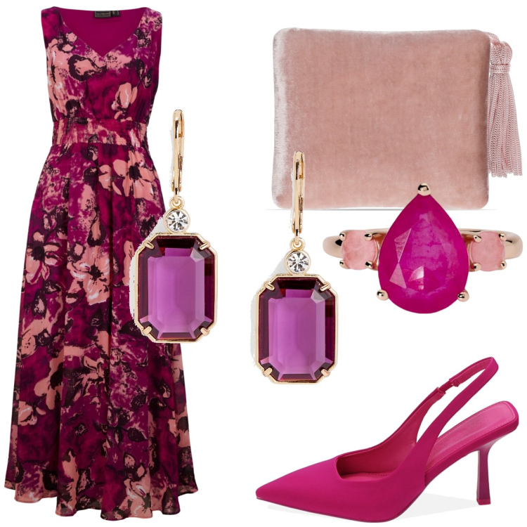 Outfit donna - Total look #1873562. Stile Romantica per Cerimonia. Abbinamento con vestiti lunghi, anelli, décolleté, orecchini, pochette.