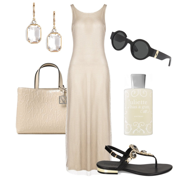 Outfit donna - L’abito in rete lurex. Stile Chic per Tutti i giorni. Abbinamento con profumi, vestiti lunghi, ciabatte, orecchini, occhiali da sole, borse tote.