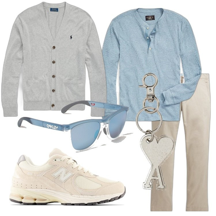 Outfit uomo - Quiet Luxury. Stile Casual per Tutti i giorni. Abbinamento con sneakers, pantaloni, t-shirt, cardigans, occhiali da sole, portachiavi.