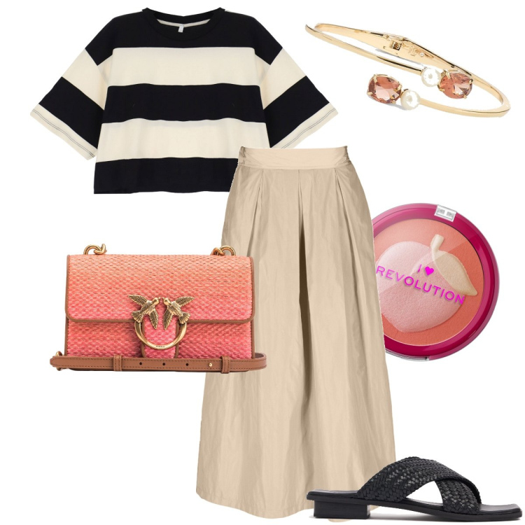 Outfit donna - La t-shirt a righe. Stile Casual chic per Ufficio. Abbinamento con blush, borse a tracolla, t-shirt, braccialetti, sandali in pelle, gonne.