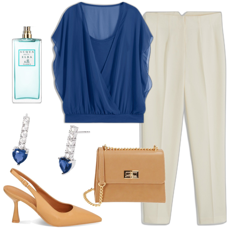 Outfit donna - Comunione a maggio. Stile Basic per Cerimonia. Abbinamento con bluse, pantaloni, profumi, orecchini, borse a tracolla, décolleté.