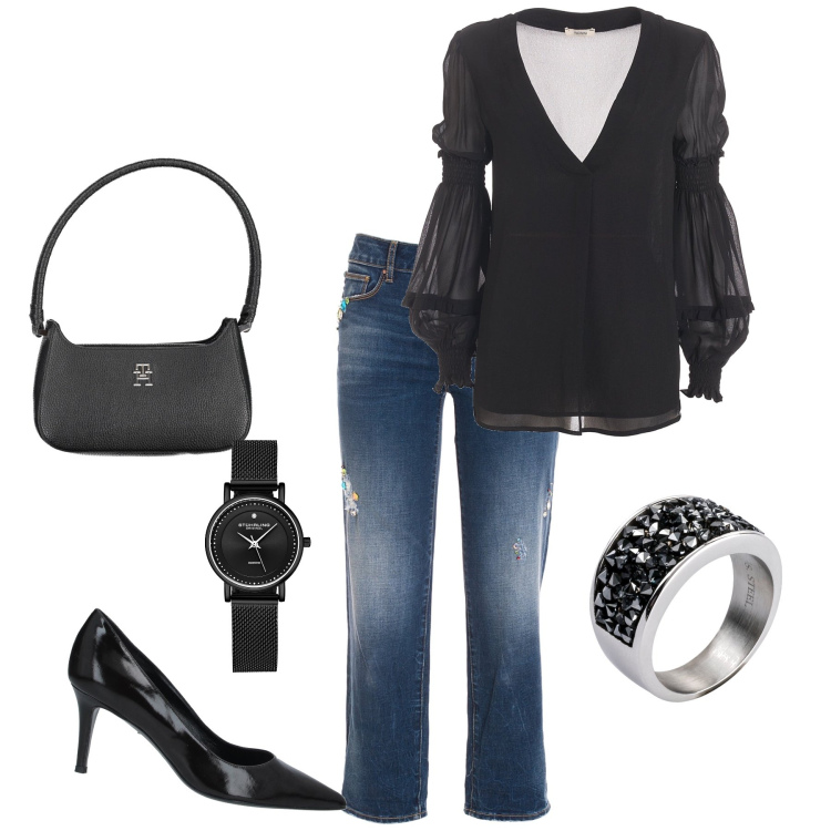 Outfit donna - Cena informale. Stile Glamour per Serata fuori. Abbinamento con anelli, décolleté, orologi, bluse, jeans strappati, borse a spalla.
