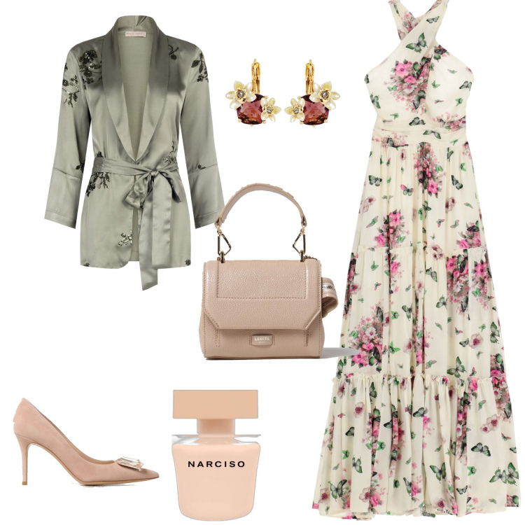 Outfit donna - Cena dopo cresima di Sabrina. Stile Chic per Cerimonia. Abbinamento con orecchini, profumi, cardigans, vestiti lunghi, borse a mano, décolleté.