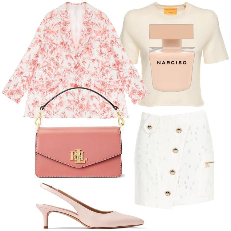 Outfit donna - Total look #1873652. Stile Glamour per Tutti i giorni. Abbinamento con profumi, gonne, blazer, borse a tracolla, décolleté, t-shirt.