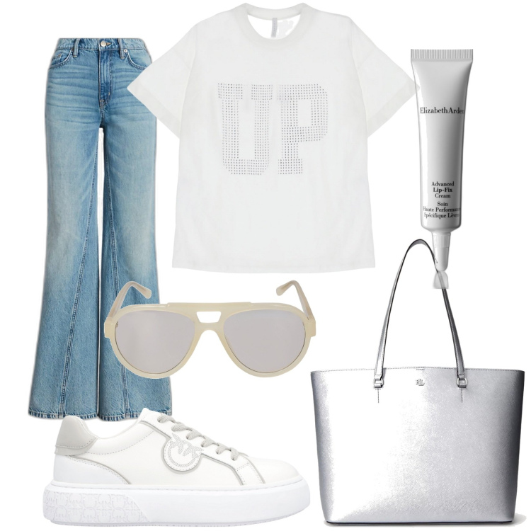 Outfit donna - Chiara. Stile Basic per Tutti i giorni. Abbinamento con primer, sneakers, t-shirt, borse tote, jeans, occhiali da sole.