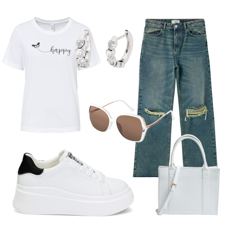 Outfit donna - Jeans e tshirt bianca. Abbinamento con t-shirt, occhiali da sole, jeans strappati, shopping bag, orecchini, sneakers.