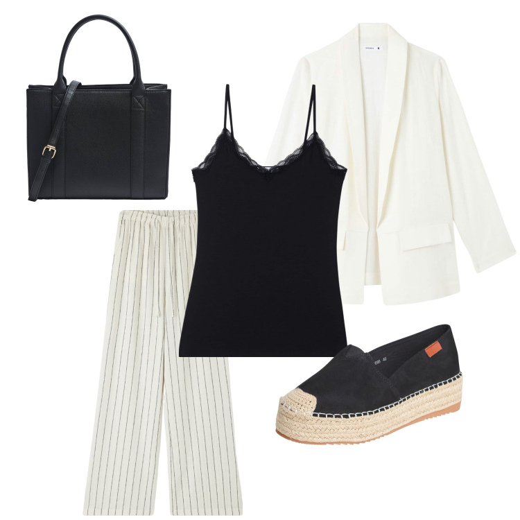 Outfit donna - Total look #1873667. Stile Minimal per Ufficio. Abbinamento con pantaloni, espadrillas, canottiere, blazer, shopping bag.
