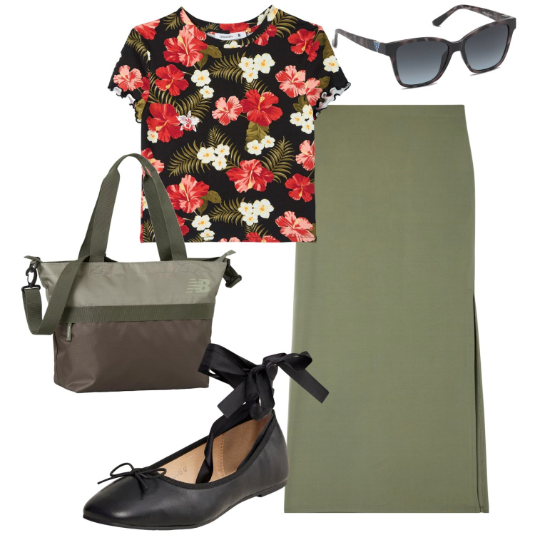 Outfit donna - City. Stile Urban per Tutti i giorni. Abbinamento con gonne lunghe, t-shirt, ballerine, borse tote, occhiali da sole.