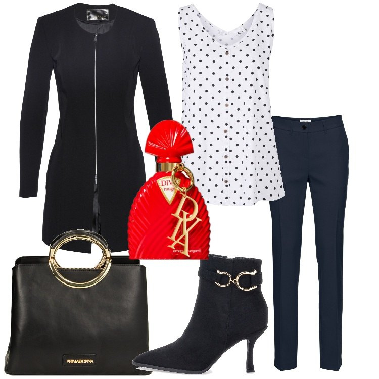 Outfit donna - Sentirsi al top!. Stile Trendy per Serata fuori. Abbinamento con blazer, pantaloni, top, profumi, borse a mano, stivaletti.