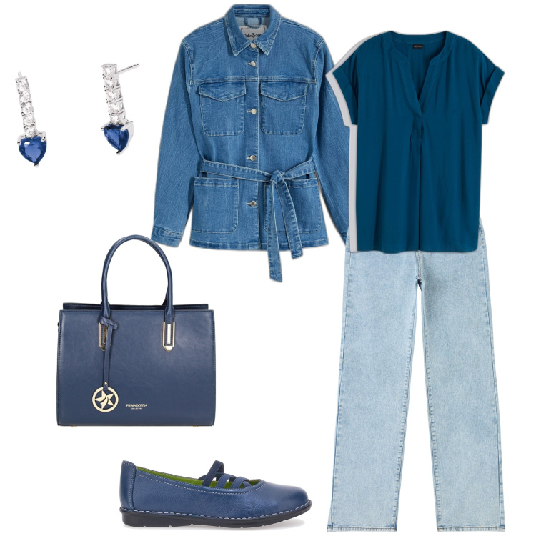 Outfit donna - Blue jeans. Stile Trendy per Tutti i giorni. Abbinamento con bluse, blazer, jeans dritti, orecchini, borse a mano, ballerine.