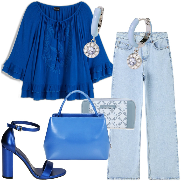 Outfit donna - Blu elettrico. Stile Casual per Tutti i giorni. Abbinamento con tuniche, jeans, orecchini, sandali col tacco, borse a mano, portafogli.