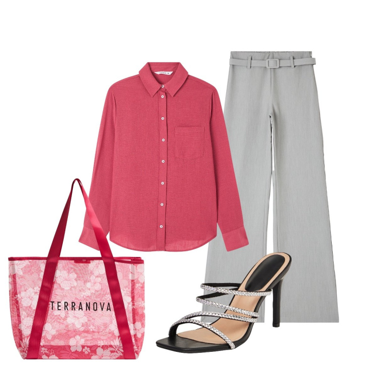Outfit donna - La camicia di lino rosso ciliegia. Stile Minimal per Ufficio. Abbinamento con shopping bag, camicie, pantaloni, sandali col tacco.
