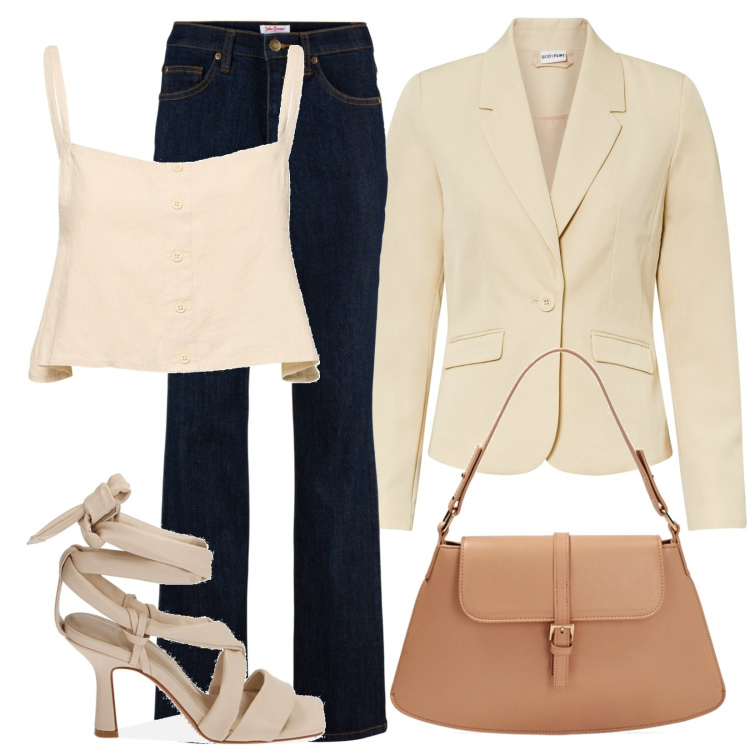 Outfit donna - Schiena nuda. Stile Casual chic per Tutti i giorni. Abbinamento con blazer, jeans, borse a spalla, sandali col tacco, top.