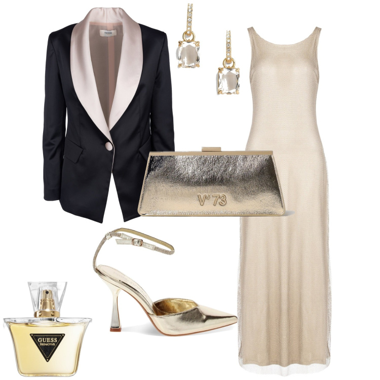 Outfit donna - Glamour serata evento. Stile Glamour per Serata fuori. Abbinamento con profumi, vestiti lunghi, blazer, décolleté, orecchini, clutch.