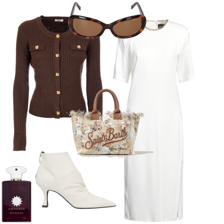 Outfit donna - Chic pomeriggio con le amiche. Stile Chic per Tutti i giorni. Abbinamento con stivaletti, vestiti midi/longuette, profumi, cardigans, borse tote, occhiali da sole.