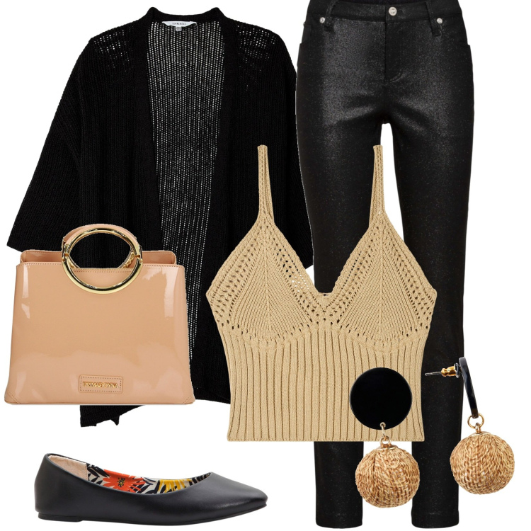 Outfit donna - Piccolo budget. Stile Casual chic per Tutti i giorni. Abbinamento con ballerine, orecchini, pantaloni, kimono, top, borse a mano.