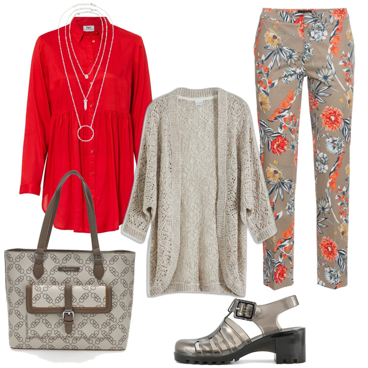 Outfit donna - Total look #1873772. Stile Casual per Tutti i giorni. Abbinamento con pantaloni, ciondoli, camicie, cardigans, borse a spalla, sandali col tacco.