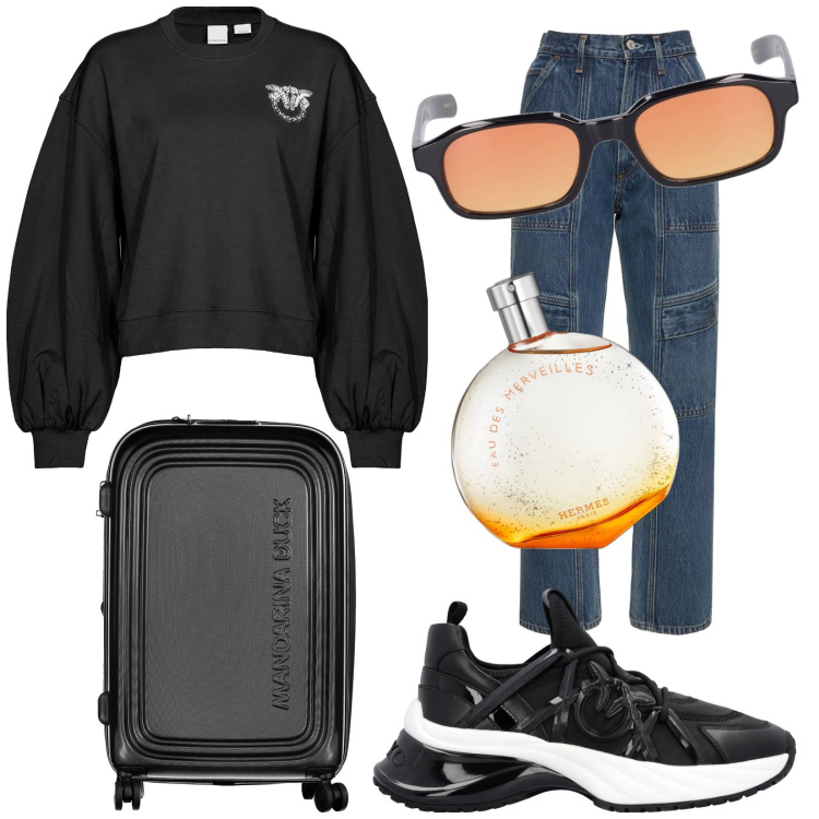 Outfit donna - Total look #1873774. Stile Urban per Tutti i giorni. Abbinamento con profumi, sneakers, felpe, valigie, jeans dritti, occhiali da sole.