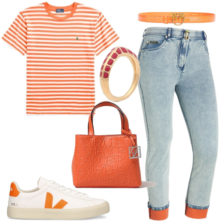Outfit donna - Casual. Stile Casual per Tutti i giorni. Abbinamento con anelli, cinture, jeans dritti, t-shirt, sneakers, borse a mano.
