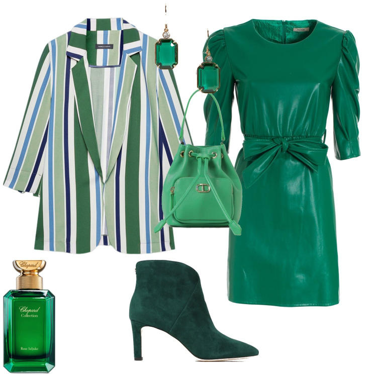 Outfit donna - Chic serata evento speciale. Stile Chic per Serata fuori. Abbinamento con profumi, vestiti, orecchini, stivaletti, borse a secchiello, blazer.