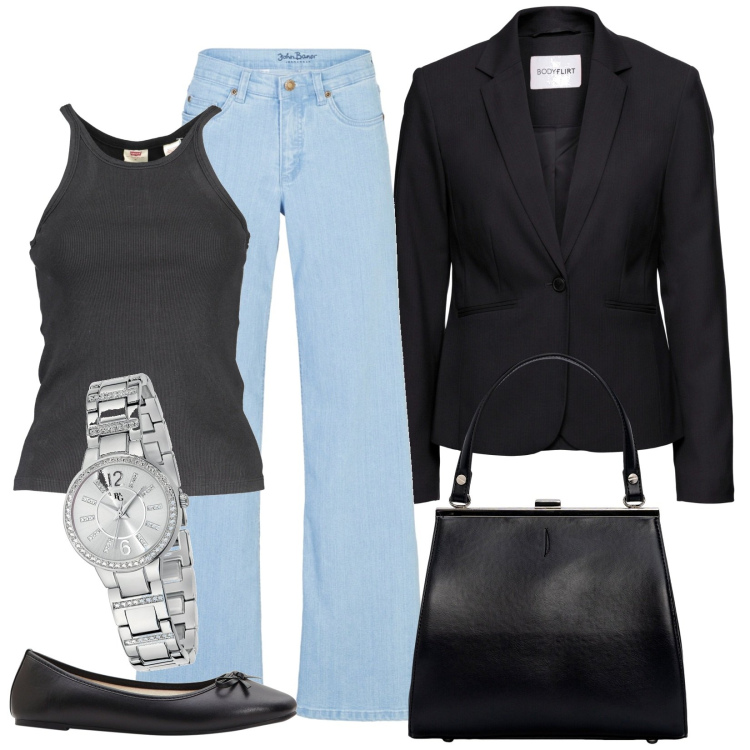 Outfit donna - Ufficio. Stile Basic per Tutti i giorni. Abbinamento con jeans, blazer, ballerine, orologi, camicie, clutch.