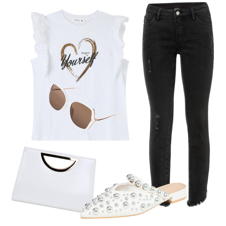 Outfit donna - Pomeriggio di shopping. Abbinamento con jeans skinny, occhiali da sole, t-shirt, ballerine, pochette.