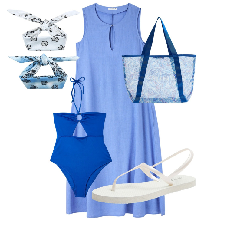 Outfit donna - Ci vediamo in spiaggia. Stile Basic per Mare. Abbinamento con sandali, vestiti senza maniche, costumi interi, fasce per capelli, shopping bag.
