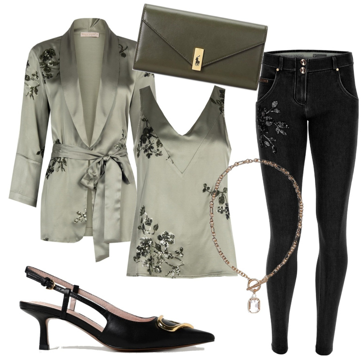 Outfit donna - Sofisticata in verde militare. Stile Casual chic per Serata fuori. look ideale per Petite. Abbinamento con cardigans, top, jeans skinny, collane, portafogli, scarpe col tacco.