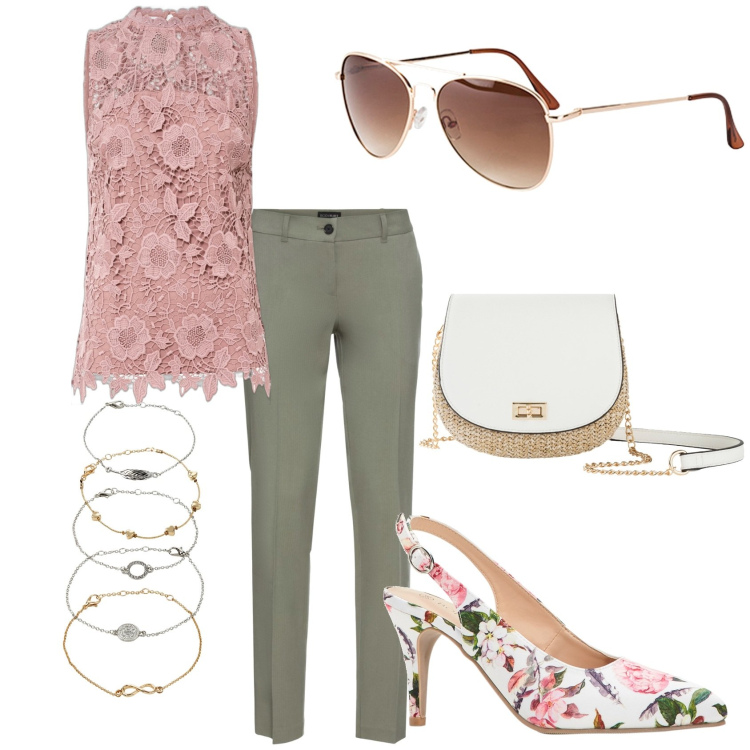 Outfit donna - Rosà e verde. Stile Romantica per Serata fuori. Abbinamento con pantaloni, braccialetti con ciondoli, occhiali da sole, top, décolleté, borse a tracolla.