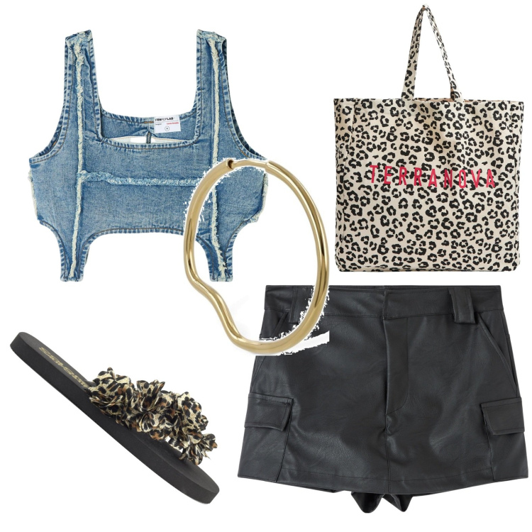 Outfit donna - Top stiloso. Stile Casual chic per Tutti i giorni. look ideale per Petite. Abbinamento con top, minigonne, shopping bag, orecchini, infradito.