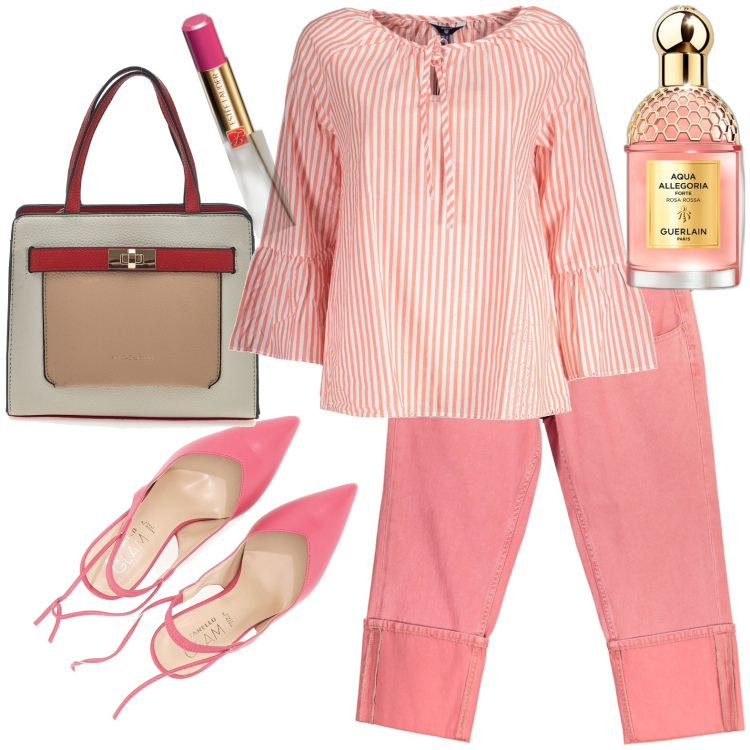 Outfit donna - Rosa pesca. Stile Casual per Tutti i giorni. Abbinamento con profumi, rossetti, maglieria, pantaloni capri, décolleté, borse a mano.