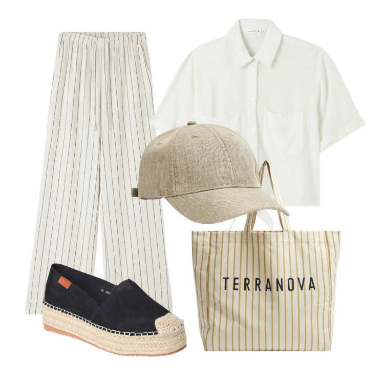 Outfit donna - Tutti i giorni. Stile Casual per Tutti i giorni. Abbinamento con pantaloni, espadrillas, camicie a manica corta, cappelli, borse tote.