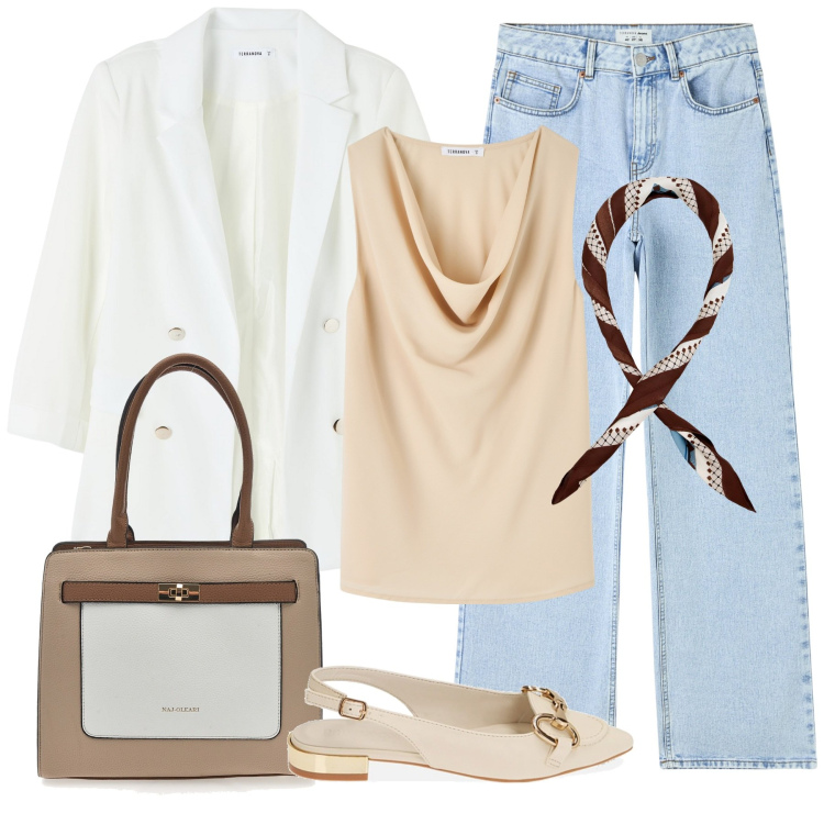 Outfit donna - Aperitivo con le amiche. Stile Casual chic per Tutti i giorni. Abbinamento con jeans, top, blazer, foulard, ballerine, borse a spalla.