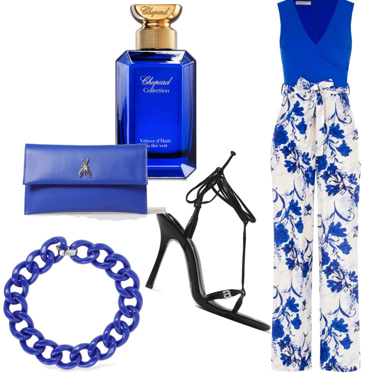 Outfit donna - In tuta. Stile Chic per Serata fuori. Abbinamento con profumi, tute, collane, clutch, sandali in pelle.