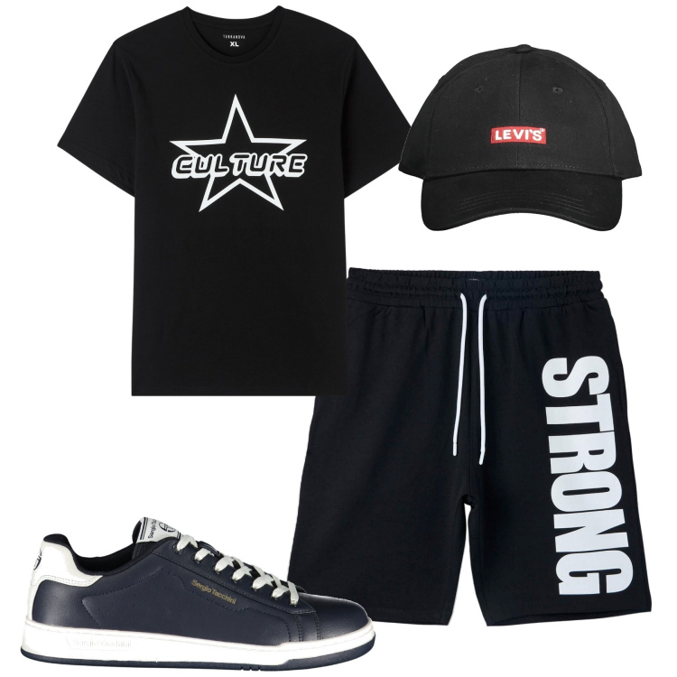 Outfit uomo - Sporty. Stile Casual per Sport. Abbinamento con t-shirt, bermuda, cappelli con visiera, scarpe sportive.