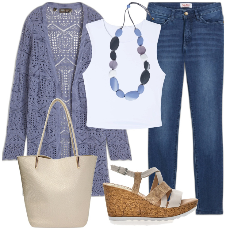 Outfit donna - Pomeriggio in giro. Stile Boho per Tutti i giorni. Abbinamento con cardigans, jeans slim fit, canottiere, borse a spalla, sandali, collane.